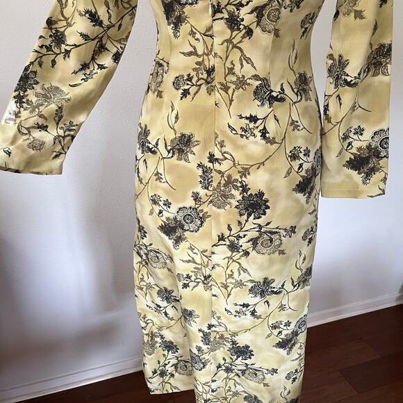 Vintage 90s Green Black Floral Silk Midi Dress Long Sleeve Grunge // Size XS 0 - Picture 4 of 6